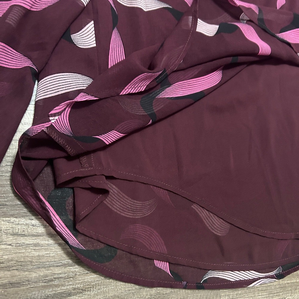 Ann Taylor Blouse Womens XL Burgundy Pink NWT Abstract Ribbon Ruffle Tie Neck - Picture 9 of 9